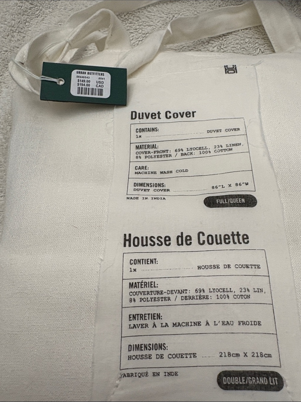 Urban Outfitters Cream Duvet Cover with Printed Label